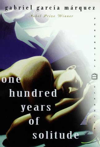 Cover of One Hundred Years of Solitude. A painting of a sleeping person next to oranges and an ant. There are mountain and a crescent moon in the background. 