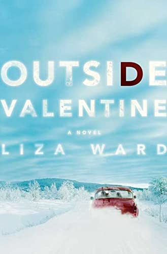 The cover of the novel "Outside Valentine" by Liza Ward. The D is blood red.
A red car drives away on an snowy country road.
