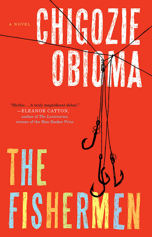 Cover for the The Fishermen by Chigozie Obioma. On a bright red background, four fishing hooks are intertwined and tangled together