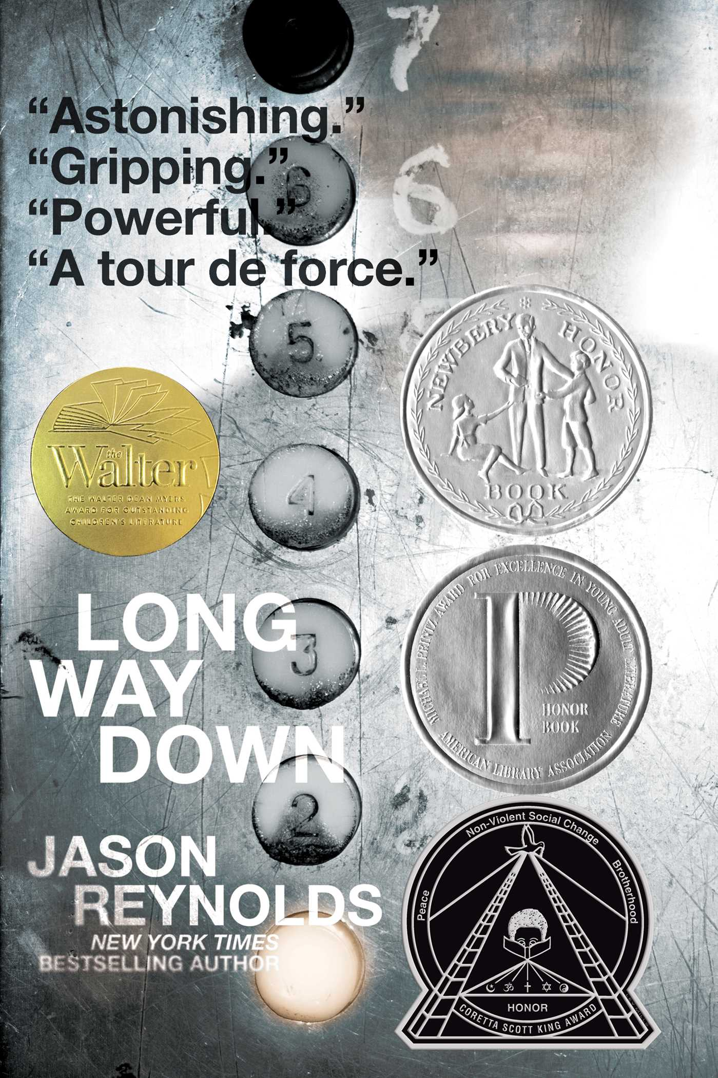 The cover of Long Way Down by Jason Reynolds. 
A grungy elevator centered on the floor number buttons in a straight line. The 1st floor button is lit and a reflection of a young Back boy is shown.