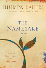Book cover for The Namesake by Jhumpa Lahiri. A small vine with two leaves arches across the bottom left.