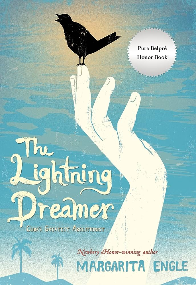 Cover for The Lightning Dreamer by Margarita Engle. A hand raised with a black bird perched on the middle finger. Palm trees and hills line the background