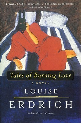 Cover of Tales of Burning Love by Louise Erdrich. A woman dressed in red lays seductively on a bed, her hand resting against her cheek. Her face is obscured by a blue rabbit mask