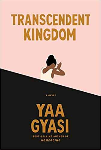cover for Transcendent Kingdom by Yaa Gyasi.  a Black woman faces away from the viewer, her hands and posture in a praying pose. the cover is cut in half slant-ways between black and a pale pink