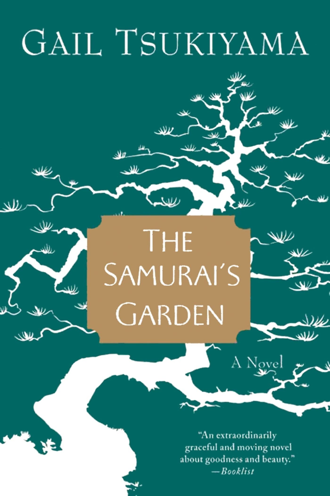 the cover for The Samurai's Garden by Fail Tsukiyama. A long winding tree spreads out over a teal background, like branching river path.